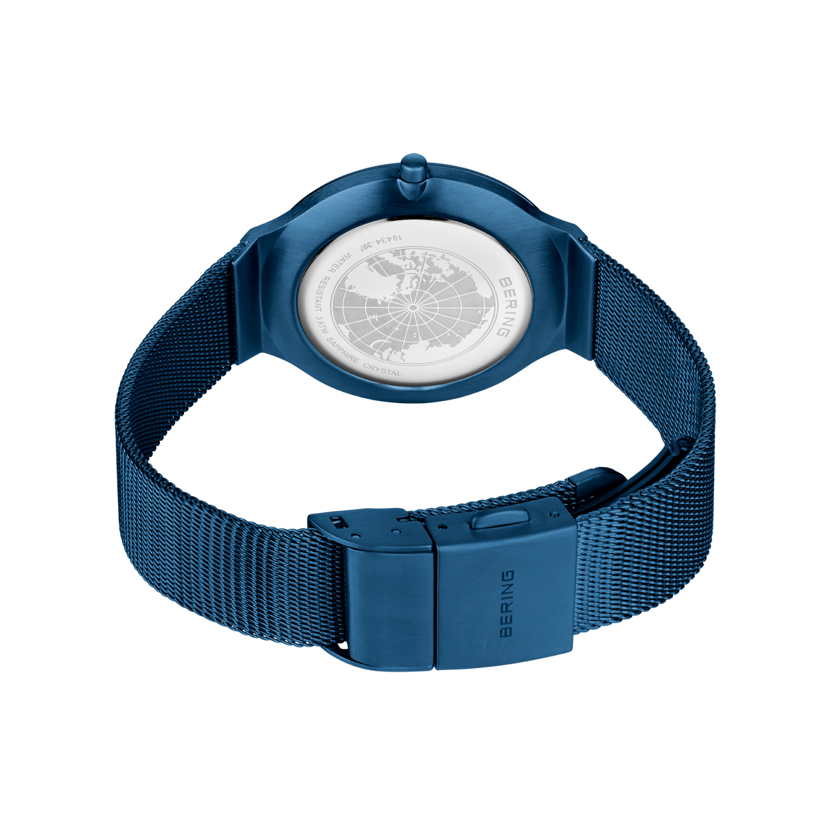 Back view of BERING watch with dark blue mesh band, showing metal clasp fastening