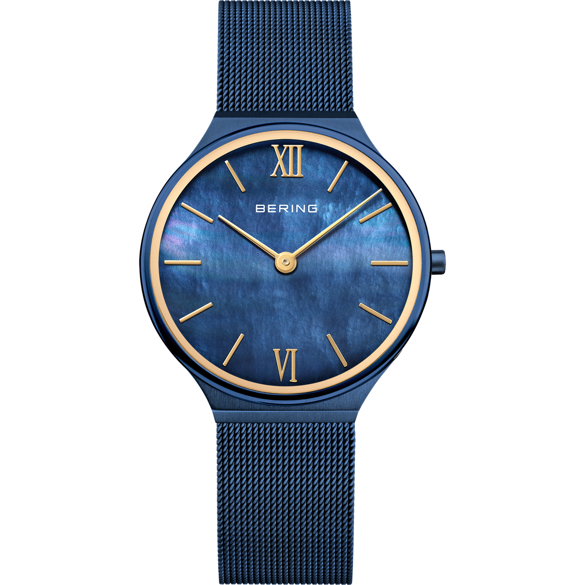 BERING watch with blue dial, Roman numerals, gold accents, and blue mesh band on white background.