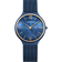 BERING watch with blue dial, Roman numerals, gold accents, and blue mesh band on white background.