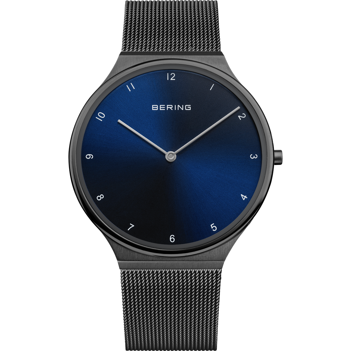 Reloj BERING con esfera azul marino, correa de malla negra y finas manecillas blancas.