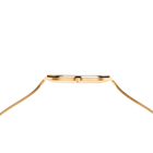Goldfarbenes Uhrengehäuse mit Netzarmband, Draufsicht auf weißem Hintergrund.