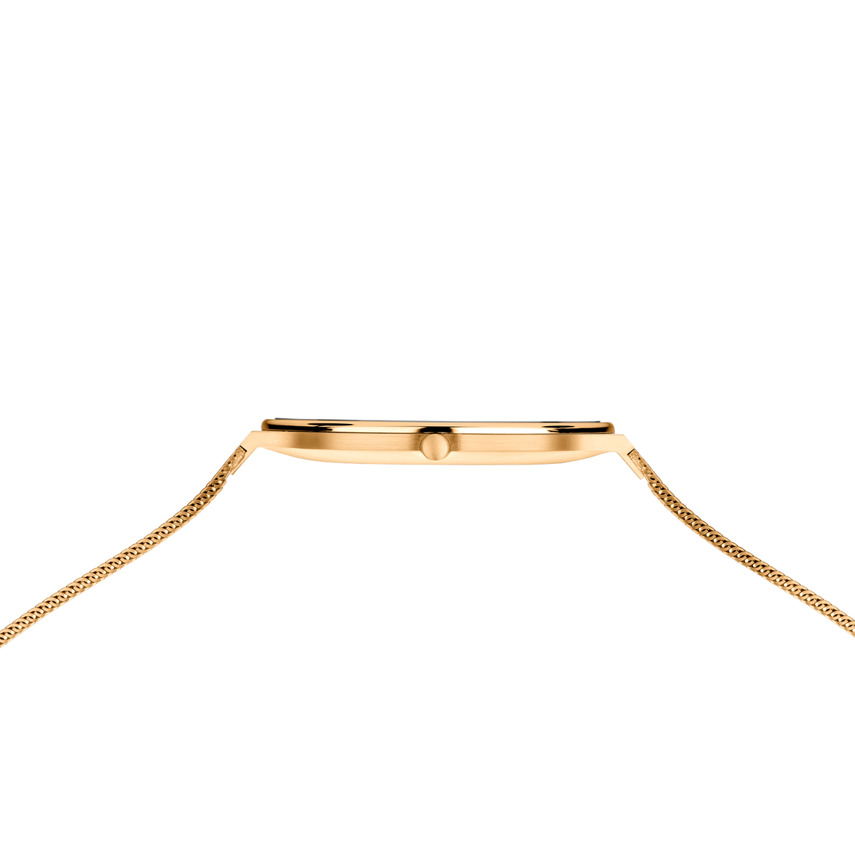 Goldfarbenes Uhrengehäuse mit Netzarmband, Draufsicht auf weißem Hintergrund.