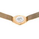Rückseite des Roségold-Gehäuses mit beidseitig angebrachtem Mesh-Armband vor weißem Hintergrund.
