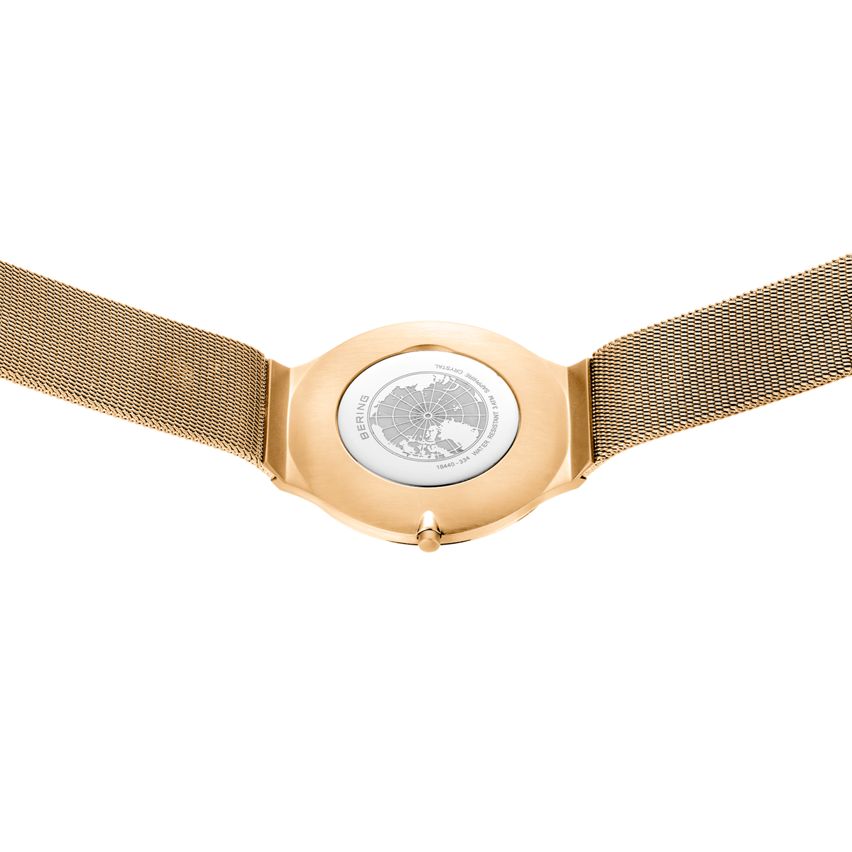 Rückseite des Roségold-Gehäuses mit beidseitig angebrachtem Mesh-Armband vor weißem Hintergrund.