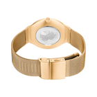 Armbanduhr mit Mesh-Band und Goldgehäuse, Schrägansicht mit Globus-Zifferblatt und Schließe