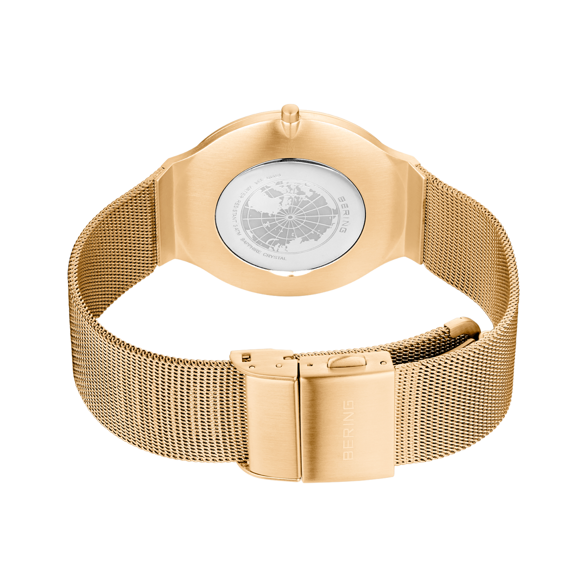 Armbanduhr mit Mesh-Band und Goldgehäuse, Schrägansicht mit Globus-Zifferblatt und Schließe