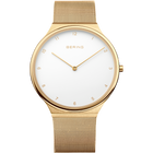 BERING Armbanduhr mit goldfarbenem Mesh-Armband, weißem Zifferblatt und minimalistischem Design.