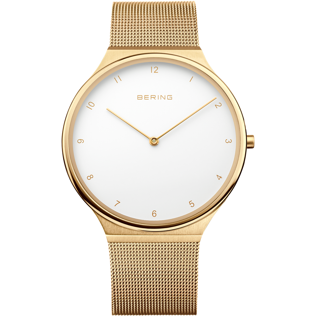 BERING Armbanduhr mit goldfarbenem Mesh-Armband, weißem Zifferblatt und minimalistischem Design.