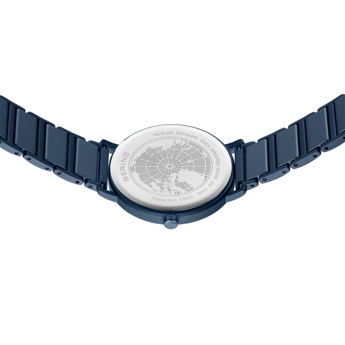 Dunkelblauer Armbanduhr mit Metallarmband und Weltkarten-Zifferblatt, Vorderansicht
