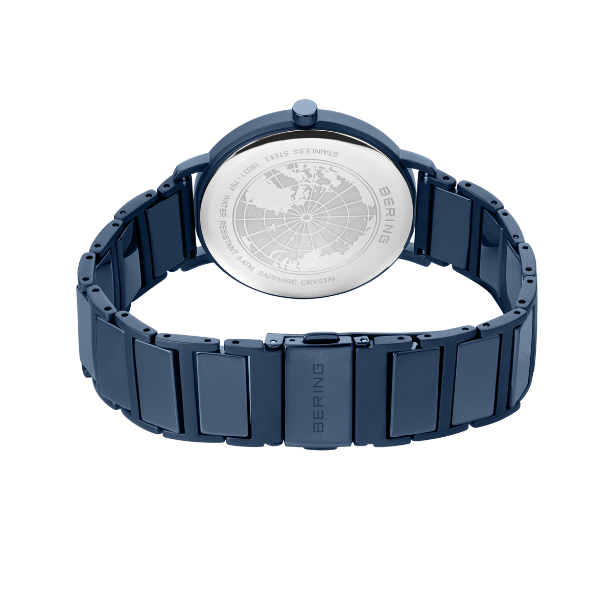 BERING-Armbanduhr von hinten mit weißem Zifferblatt und dunkelbauem Stahlarmband