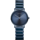 Dunkelblaue BERING-Armbanduhr mit minimalistischem Zifferblatt und passendem Metallarmband, Vorderansicht