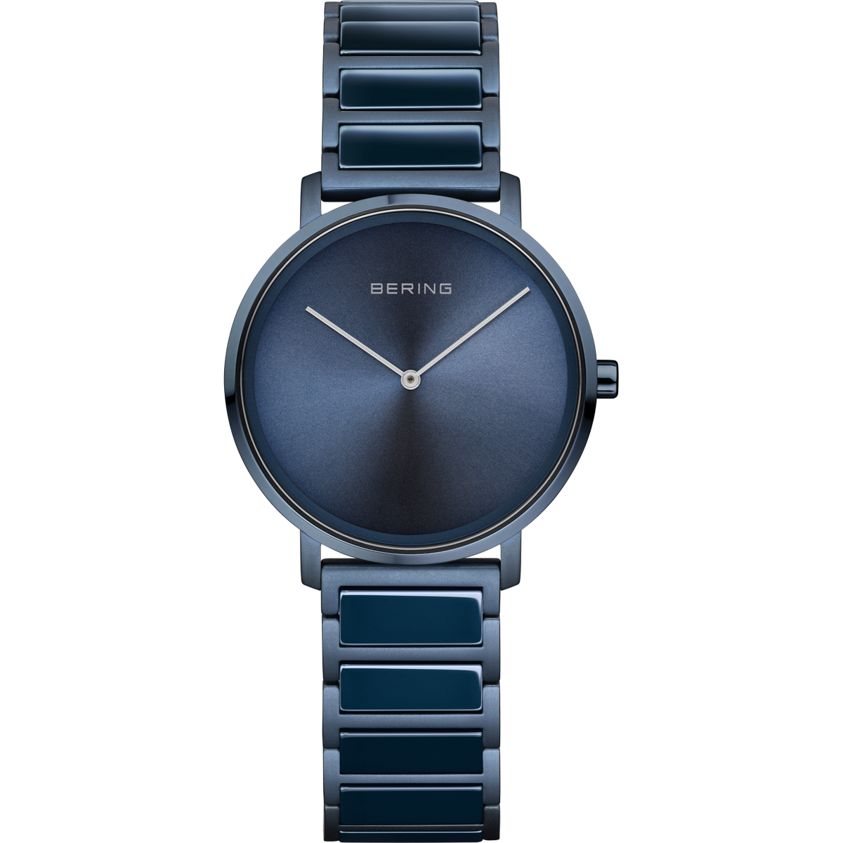Dunkelblaue BERING-Armbanduhr mit minimalistischem Zifferblatt und passendem Metallarmband, Vorderansicht