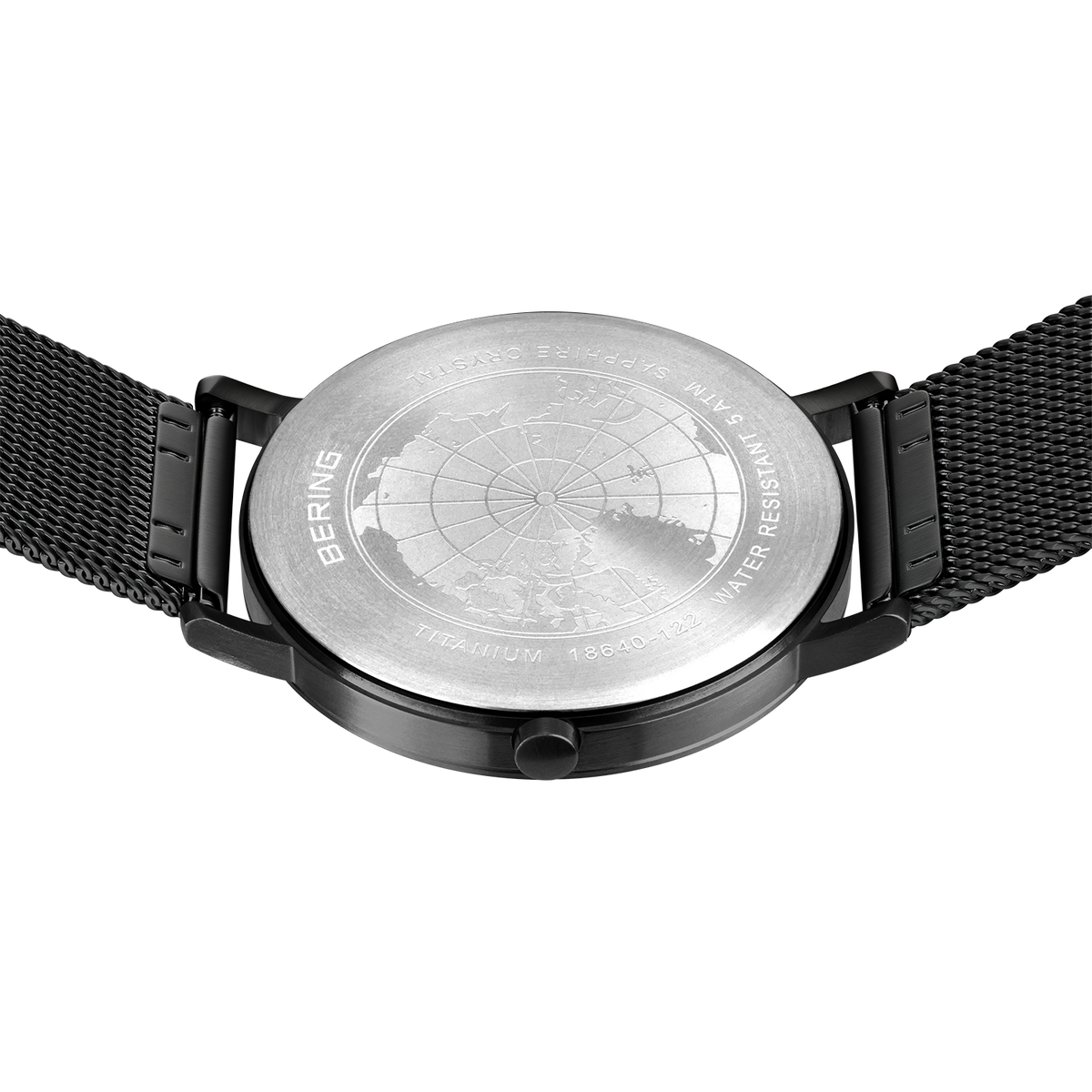 Fondello di orologio BERING con testo circolare inciso, cinturino mesh nero, vista posteriore