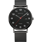 Orologio BERING Titanium con quadrante nero rotondo, numeri bianchi, cinturino a rete e lancetta rossa dei secondi