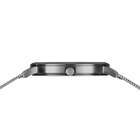 Silver-tone stainless steel watch with round case and metal link bracelet, shown in side profile