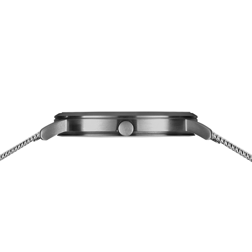 Silver-tone stainless steel watch with round case and metal link bracelet, shown in side profile