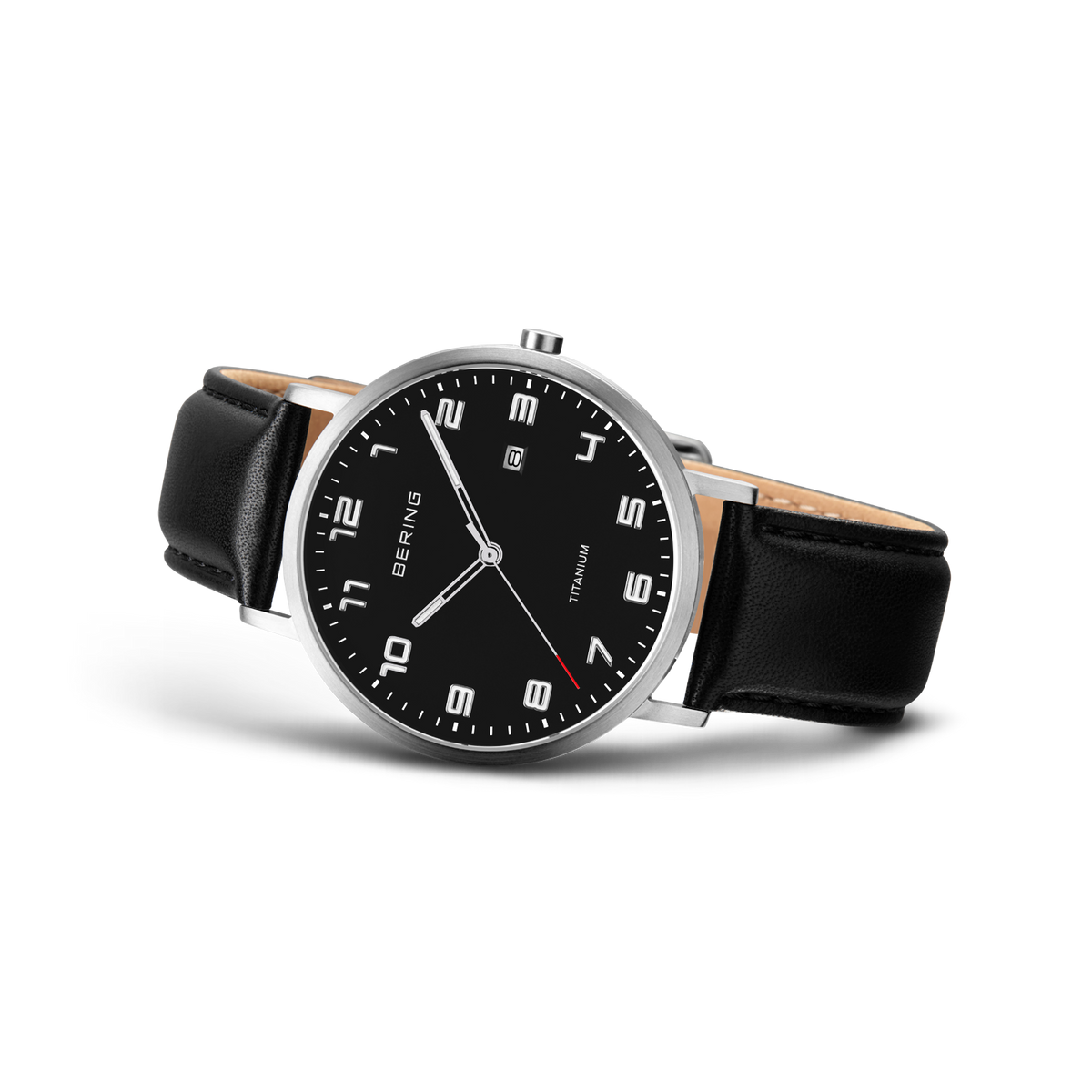 BERING watch 18640-402 with black dial, white numerals and hands, silver-tone case, black leather strap