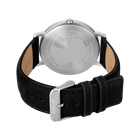 Watch case back and black leather strap with metal clasp, showing beige suede interior