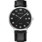 BERING round watch with black dial, white numerals, silver case, and black leather strap