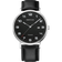 BERING round watch with black dial, white numerals, silver case, and black leather strap