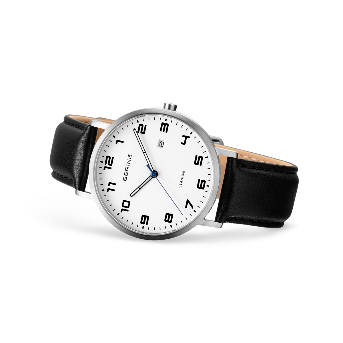 Wristwatch with white dial, black numerals and hour markers, silver case, black leather strap shown at angle.