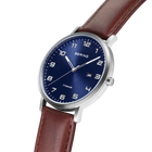 BERING watch with dark blue dial, silver case, and burgundy leather strap, shown at an angle