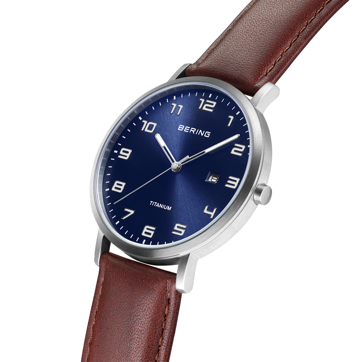 BERING watch with dark blue dial, silver case, and burgundy leather strap, shown at an angle