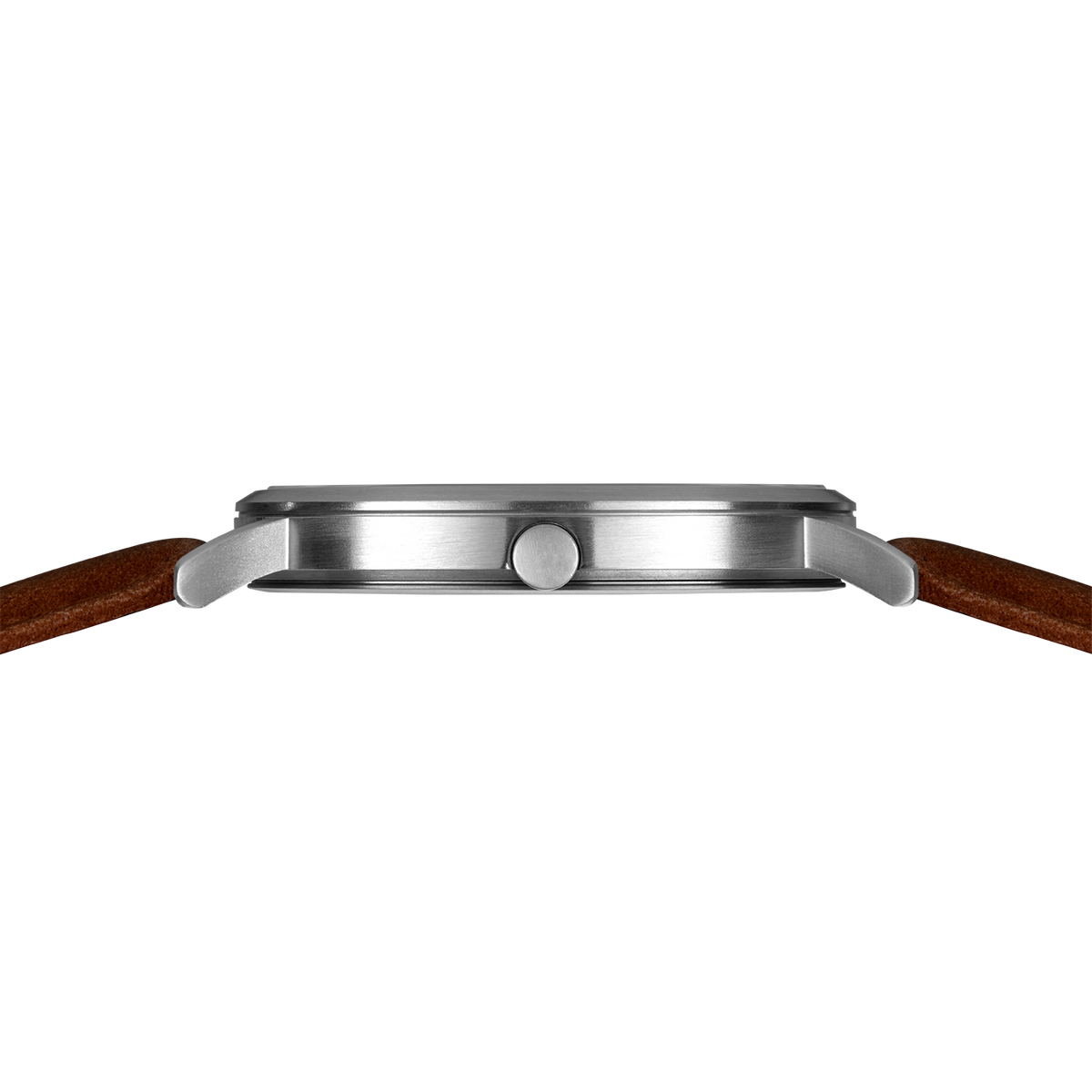 Silver-tone watch case shown in profile with brown leather band, emphasizing slim case design.