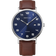 Titanium BERING watch with navy dial, white numerals, date window, silver finish, and brown leather strap.