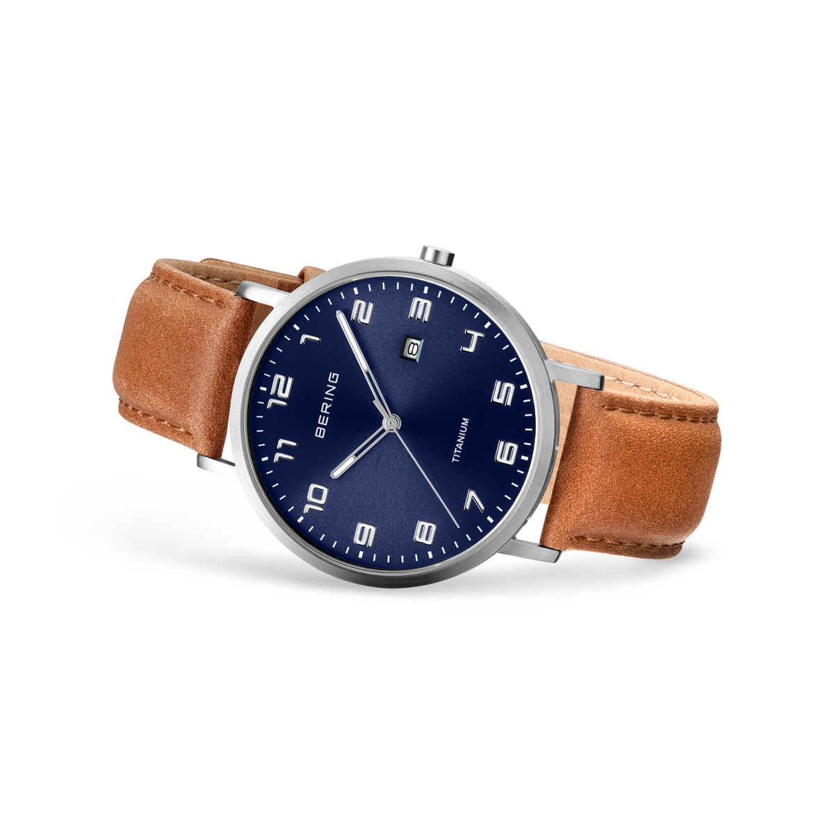 Wristwatch with navy dial, Arabic numerals, silver case, and tan leather strap, angled view