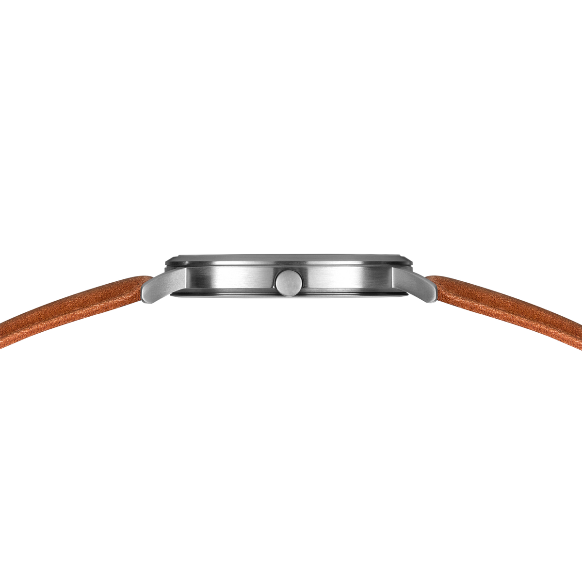 Rectangular silver watch case with brown leather strap, side profile view