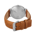 Watch caseback and brown leather strap with silver buckle, shown from rear