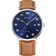 BERING watch with navy dial, white Arabic numerals, date window, silver stainless steel case and tan leather strap.