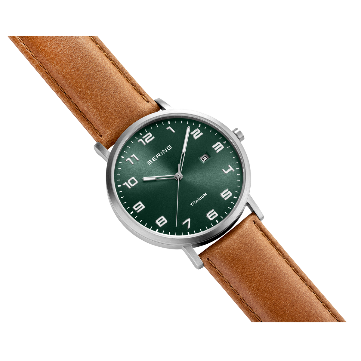 BERING wristwatch with green dial, silver case, and brown leather strap, shown at an angle.