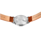 Back view of BERING watch with silver round case and tan leather straps with darker accents