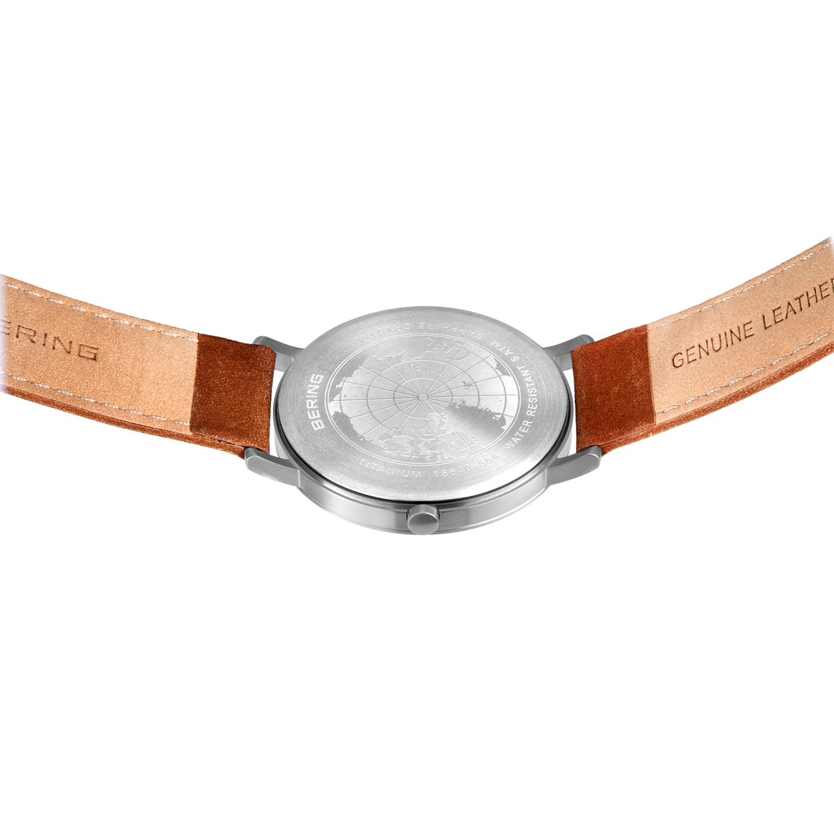Back view of BERING watch with silver round case and tan leather straps with darker accents