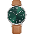 Orologio BERING in titanio con quadrante verde scuro, numeri arabi, cassa argentata e cinturino in cuoio marrone.