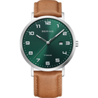 BERING titanium watch with dark teal dial, Arabic numerals, silver case, and brown leather strap.