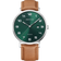 BERING titanium watch with dark teal dial, Arabic numerals, silver case, and brown leather strap.