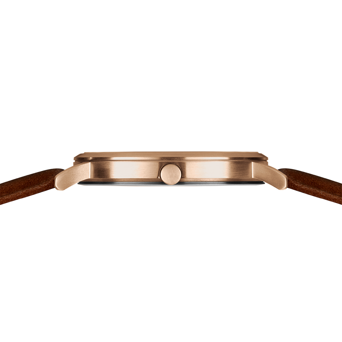 Watch side profile with rose gold case, dark dial, and brown leather strap