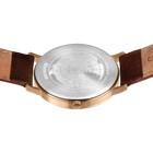 Watch back case in rose gold with brown leather straps, viewed from behind