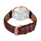 BERING watch rear view, rose gold case with engraved caseback, brown leather strap and buckle.