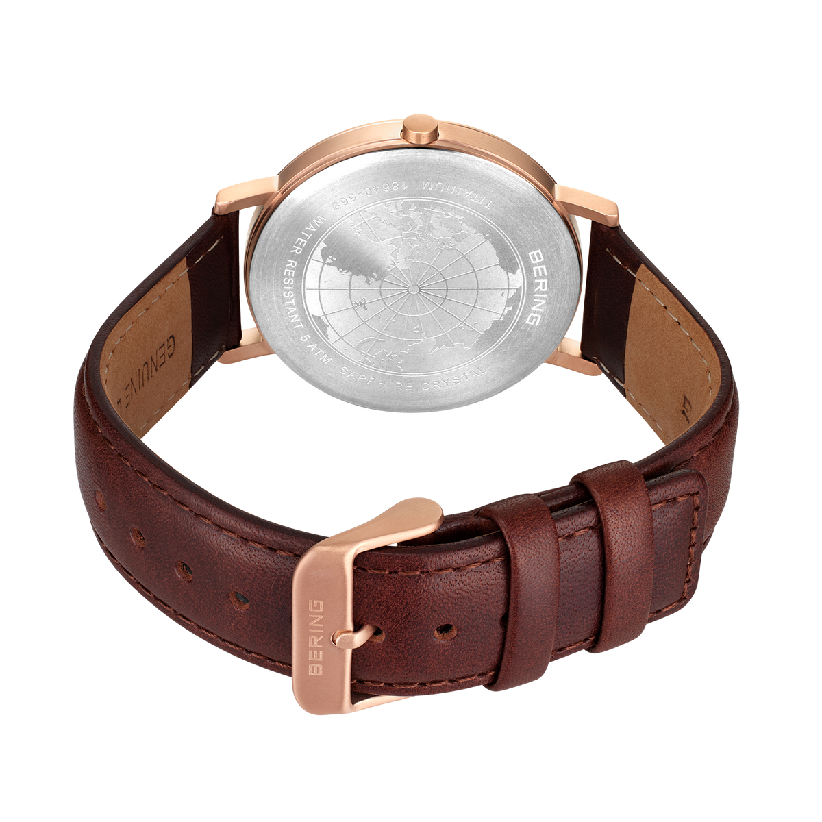 BERING watch rear view, rose gold case with engraved caseback, brown leather strap and buckle.