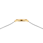Uhrengehäuse in Goldoptik mit schwarzer Krone und silbernem Mesh-Armband, Seitenansicht