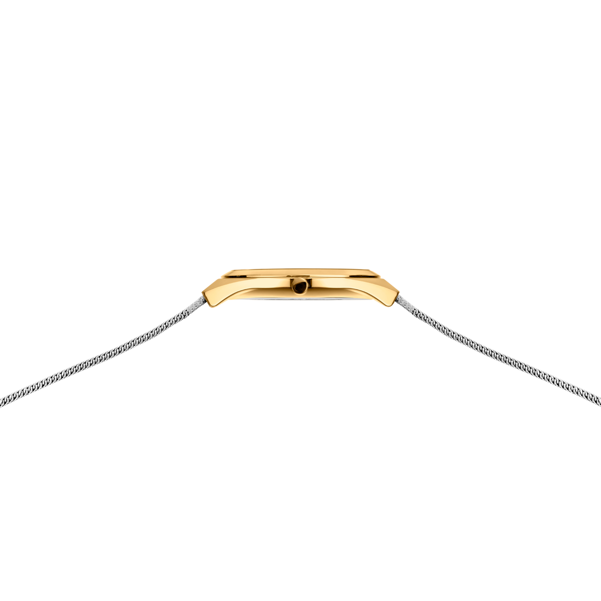 Uhrengehäuse in Goldoptik mit schwarzer Krone und silbernem Mesh-Armband, Seitenansicht