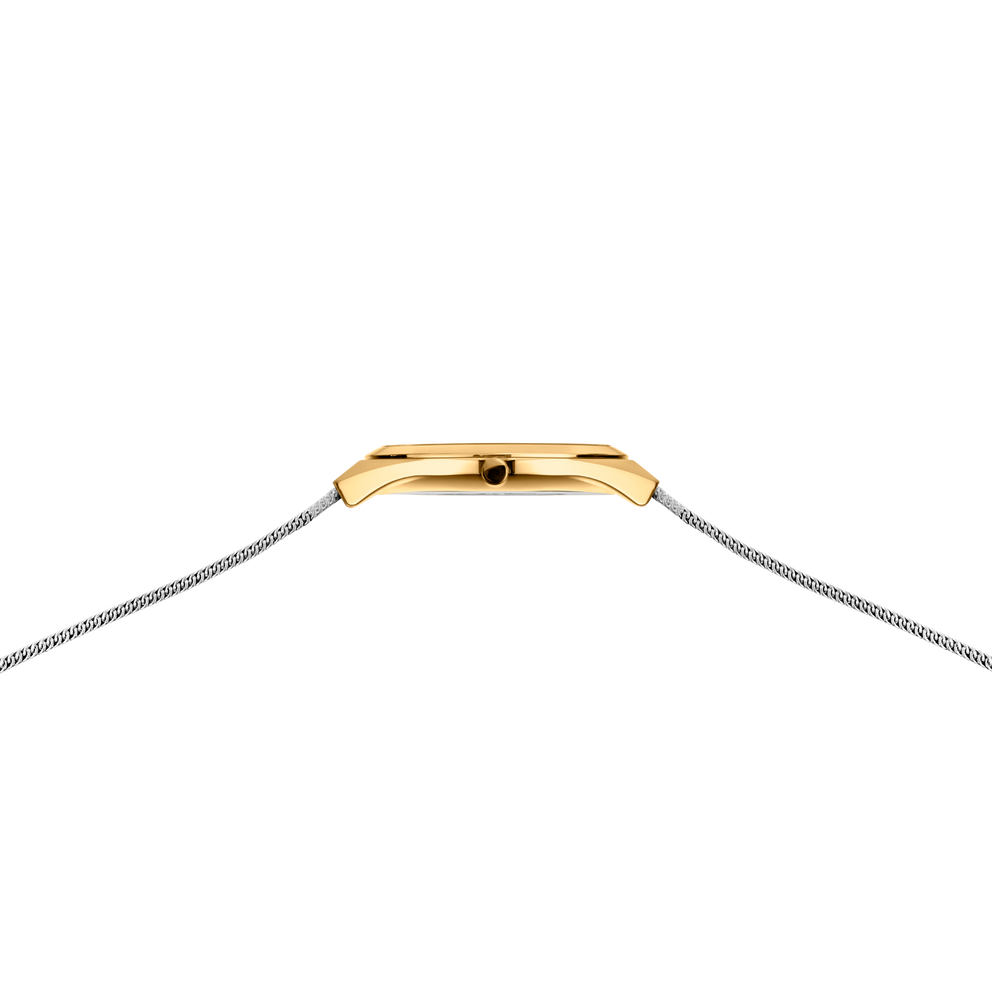 Uhrengehäuse in Goldoptik mit schwarzer Krone und silbernem Mesh-Armband, Seitenansicht