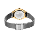 Rückansicht der Uhr mit goldfarbener Fassung, grauem Mesh-Armband und silbernem Verschluss