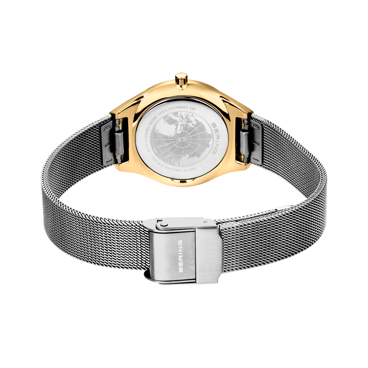 Rückansicht der Uhr mit goldfarbener Fassung, grauem Mesh-Armband und silbernem Verschluss