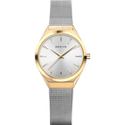 BERING-Armbanduhr mit Champagnergehäuse, weißem Zifferblatt, Minimaldesign und Mesh-Armband.