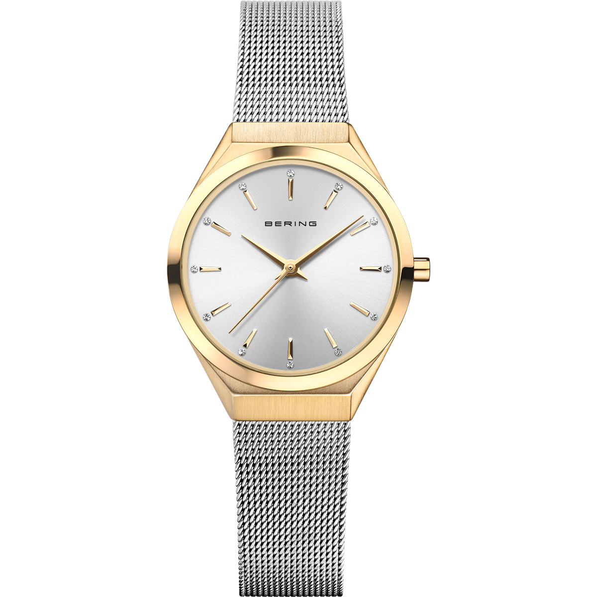 BERING-Armbanduhr mit Champagnergehäuse, weißem Zifferblatt, Minimaldesign und Mesh-Armband.
